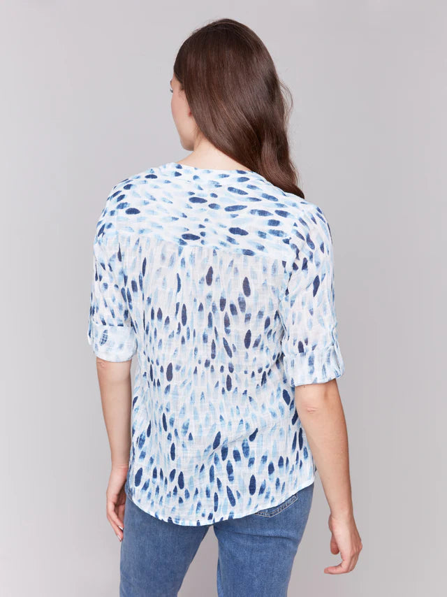 Charlie B Printed Cotton Gauze Half-Button Blouse - Blue
