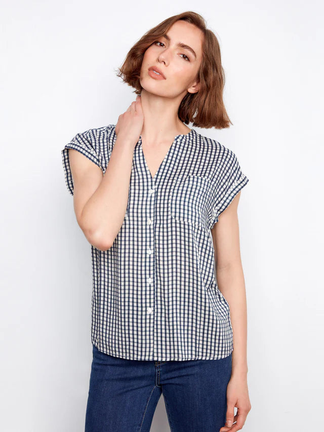 Charlie B Printed Gingham Button-Up Blouse - Navy