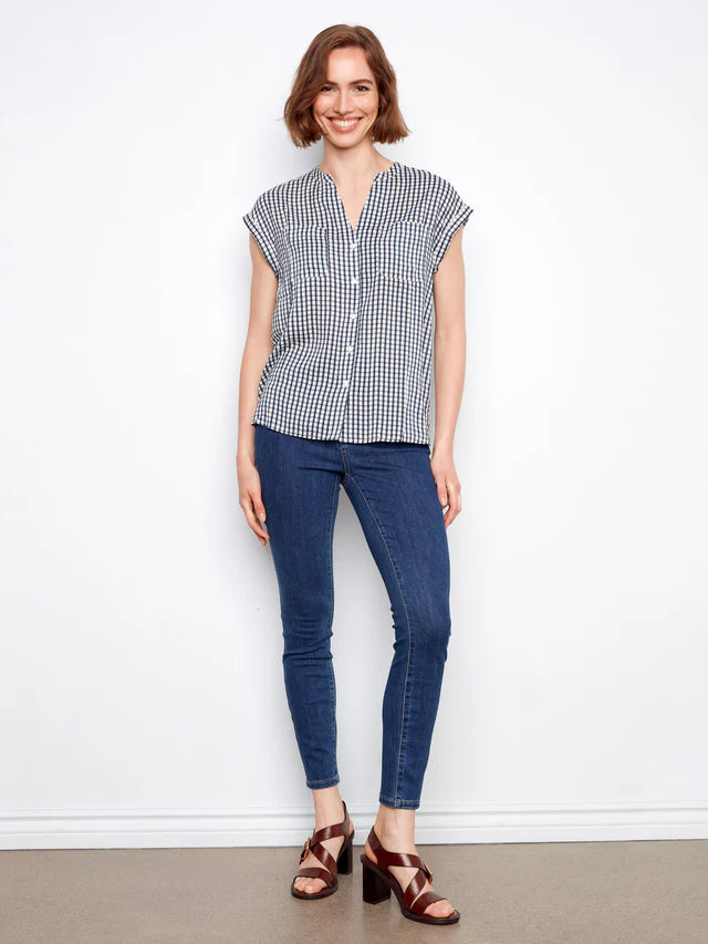 Charlie B Printed Gingham Button-Up Blouse - Navy