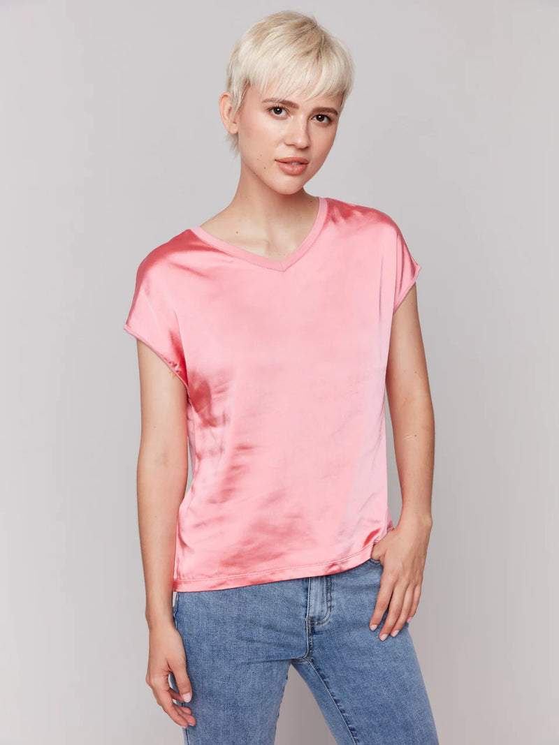 FINAL SALE Charlie B Organic Satin V-Neck Knit Top - Watermelon