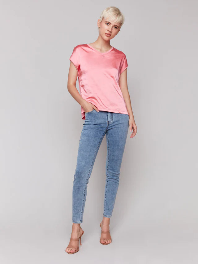 FINAL SALE Charlie B Organic Satin V-Neck Knit Top - Watermelon