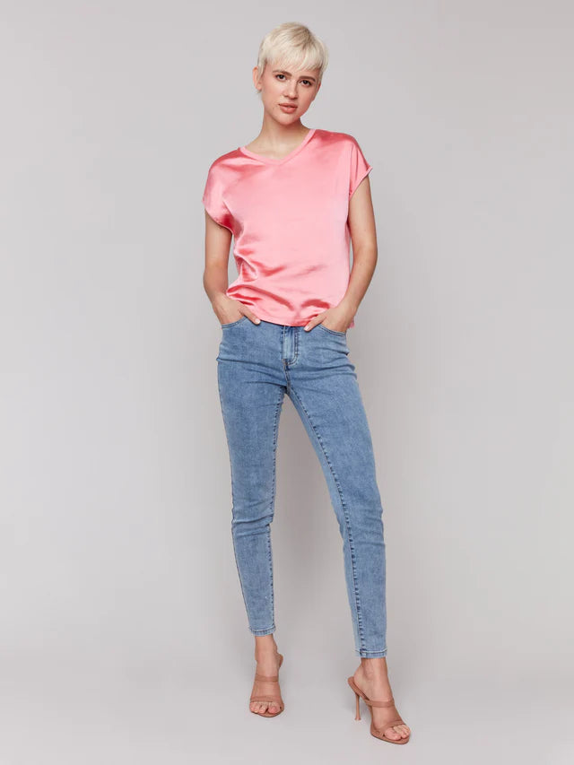 FINAL SALE Charlie B Organic Satin V-Neck Knit Top - Watermelon