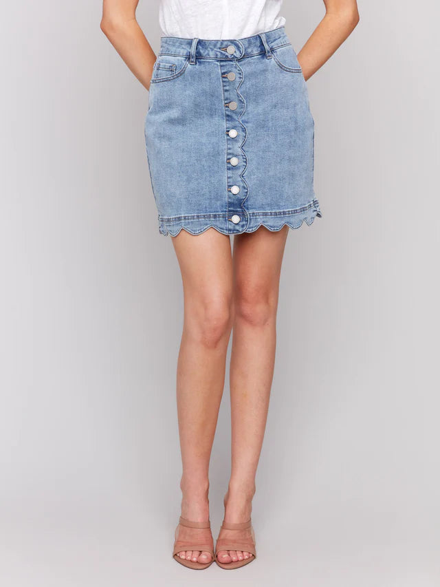 Charlie B Scalloped Hem Button-Front Denim Skort - Light Blue
