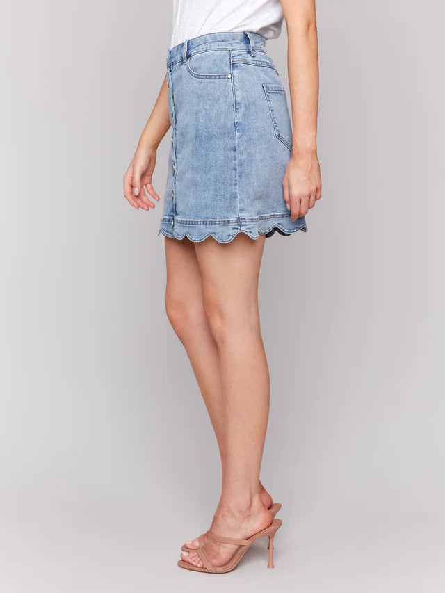 Charlie B Scalloped Hem Button-Front Denim Skort - Light Blue