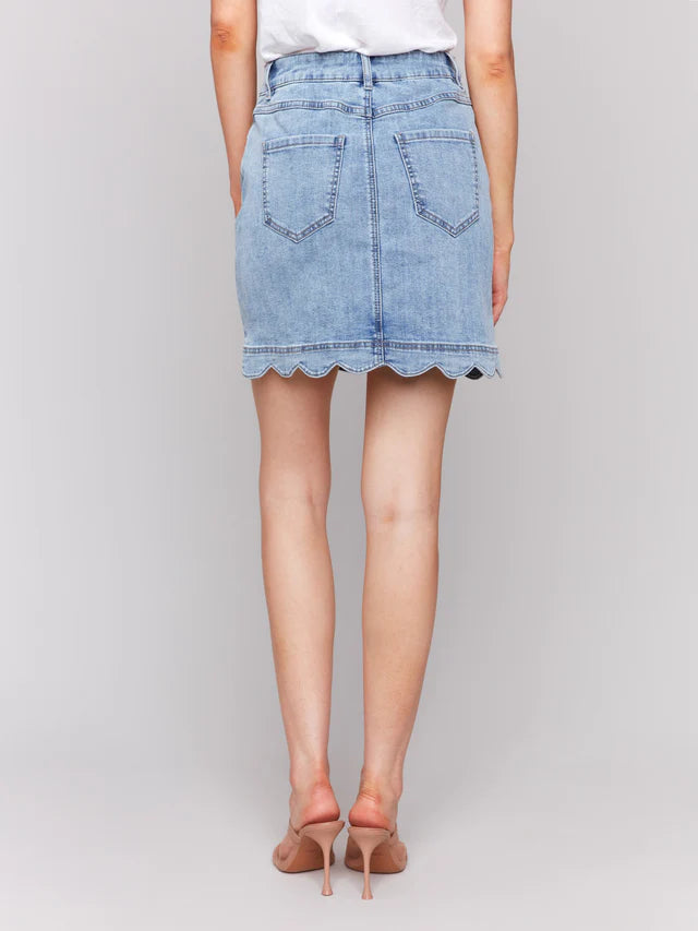 Charlie B Scalloped Hem Button-Front Denim Skort - Light Blue