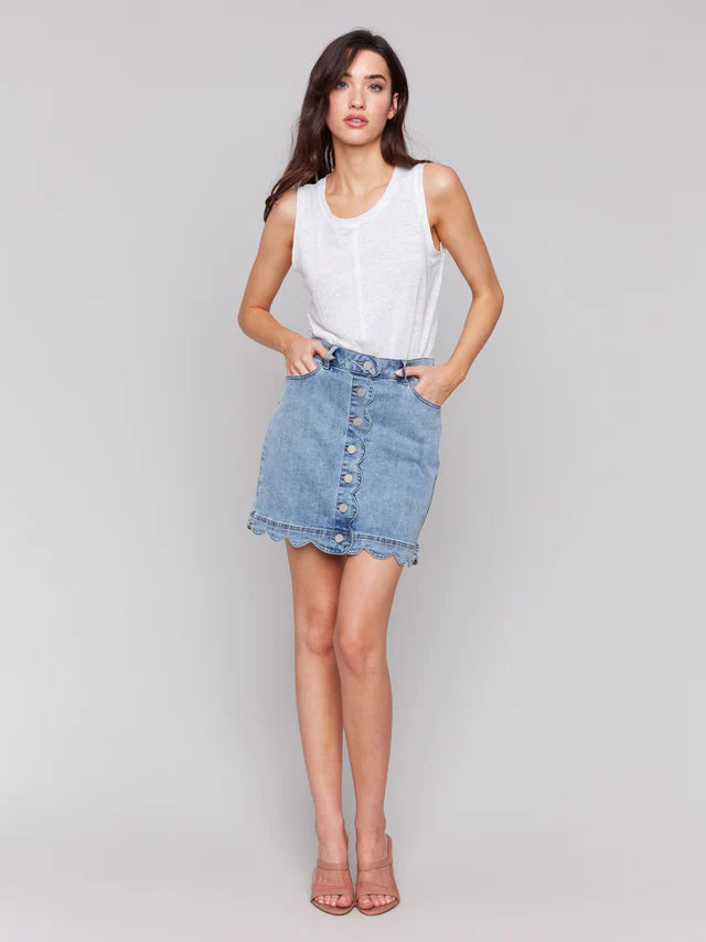 Charlie B Scalloped Hem Button-Front Denim Skort - Light Blue
