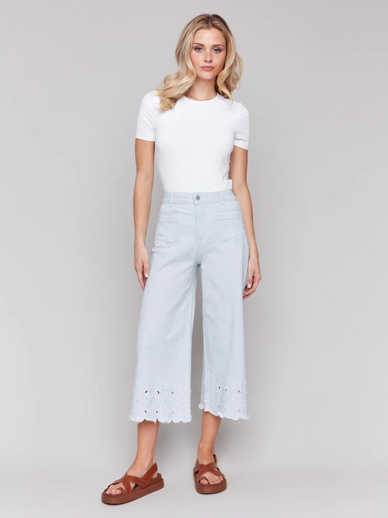 Charlie B Wide-Leg Cropped Jeans with Scallop Embroidered Hem - Stripes