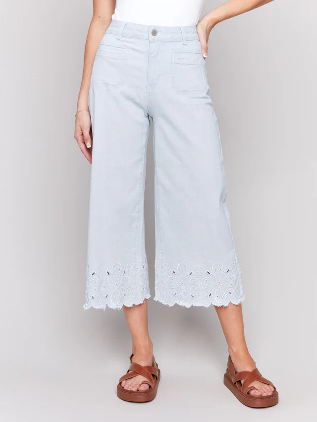 Charlie B Wide-Leg Cropped Jeans with Scallop Embroidered Hem - Stripes