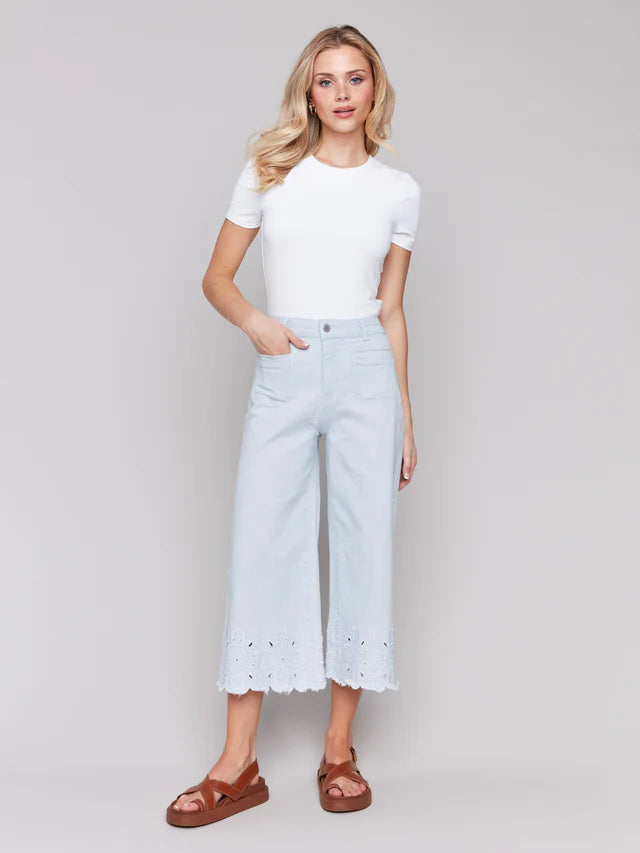 Charlie B Wide-Leg Cropped Jeans with Scallop Embroidered Hem - Stripes