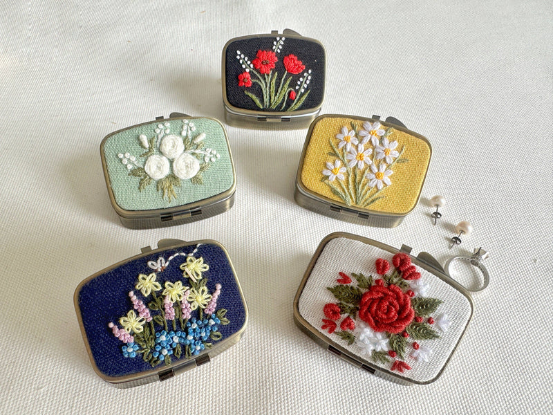 Floral Embroidered Rectangle Mini Jewelry Box (or Pill Box) With Mirror