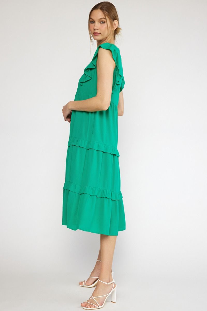 FINAL SALE Tiered Midi Dress with Ruffled Sleeve - Green