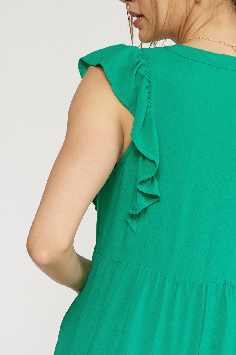 FINAL SALE Tiered Midi Dress with Ruffled Sleeve - Green