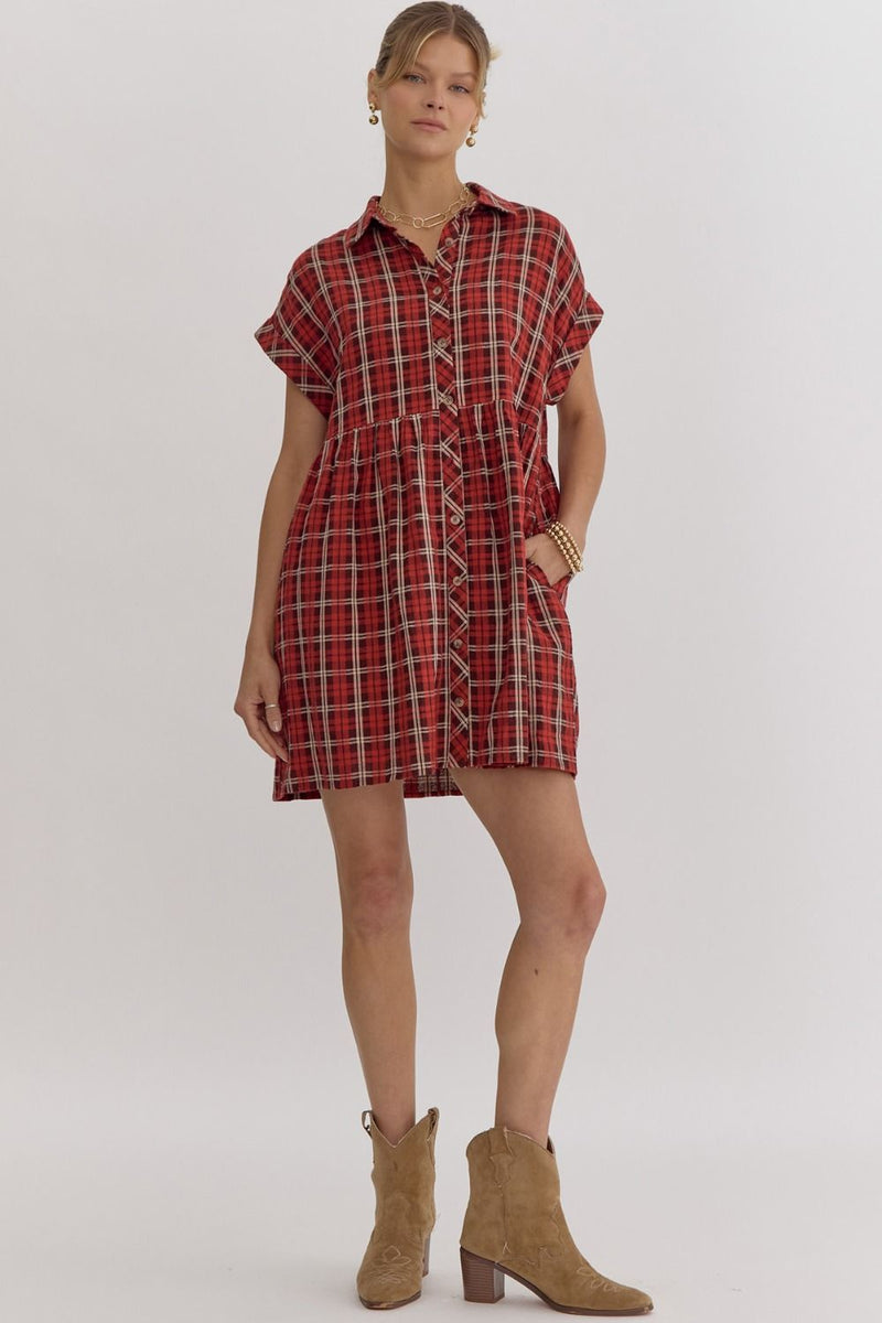 FINAL SALE Plaid Button Down Mini Dress - Red