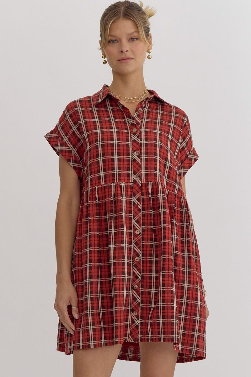 FINAL SALE Plaid Button Down Mini Dress - Red
