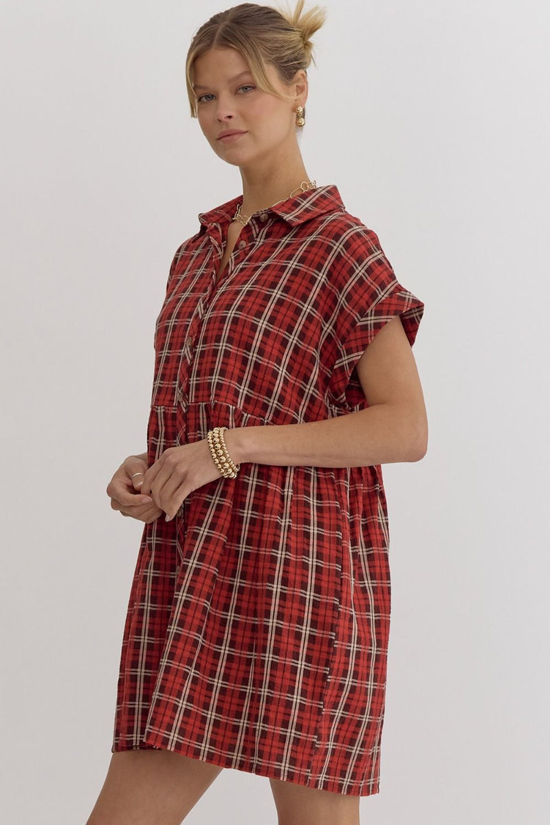 FINAL SALE Plaid Button Down Mini Dress - Red