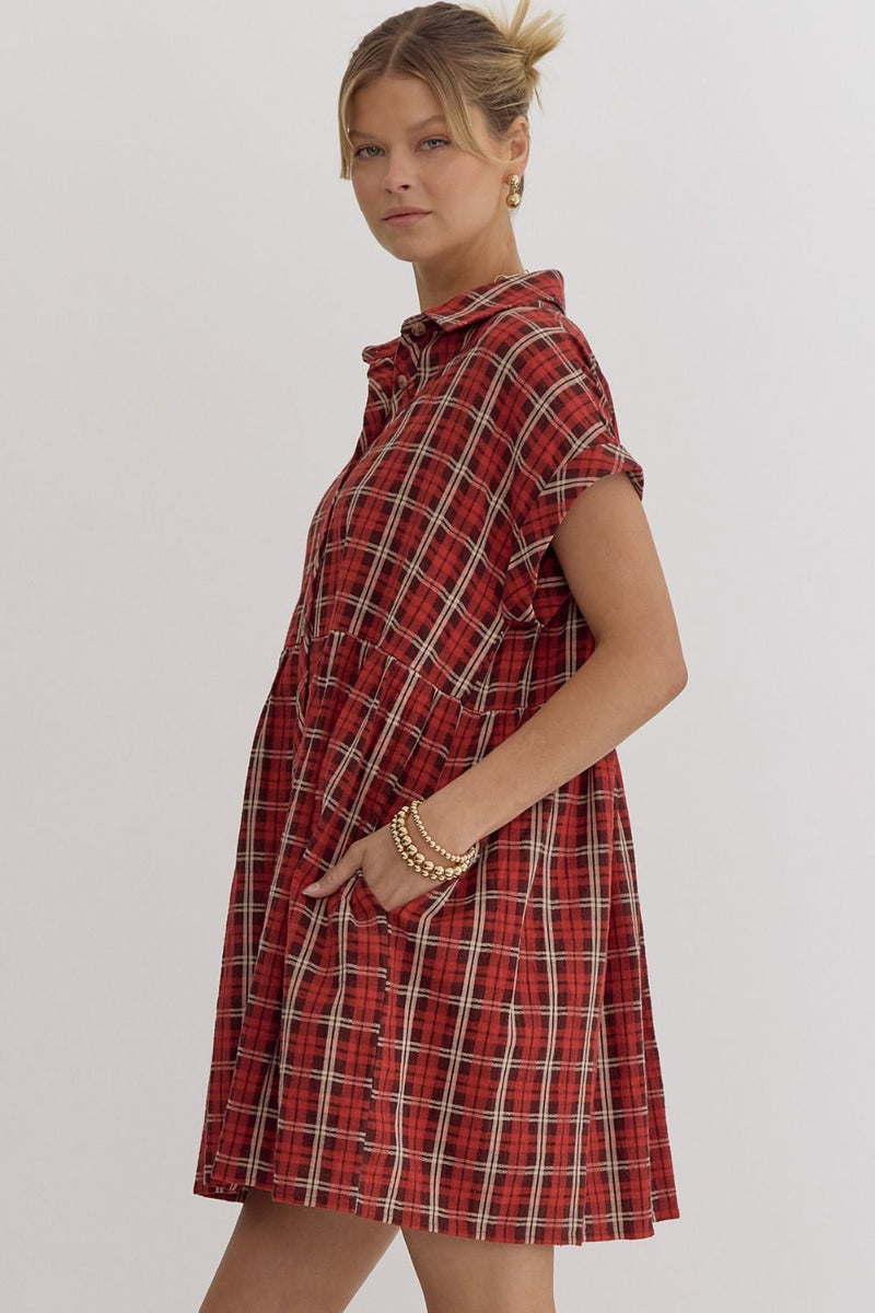 FINAL SALE Plaid Button Down Mini Dress - Red