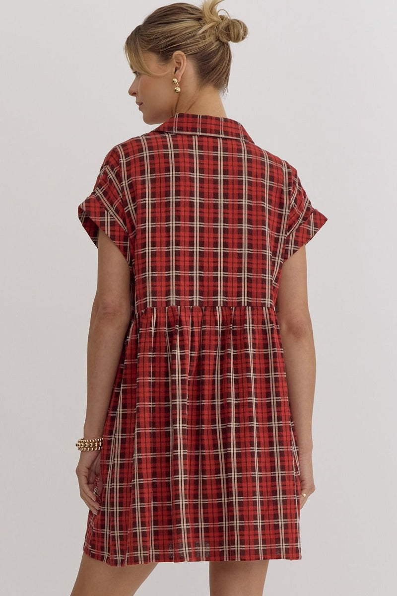 FINAL SALE Plaid Button Down Mini Dress - Red