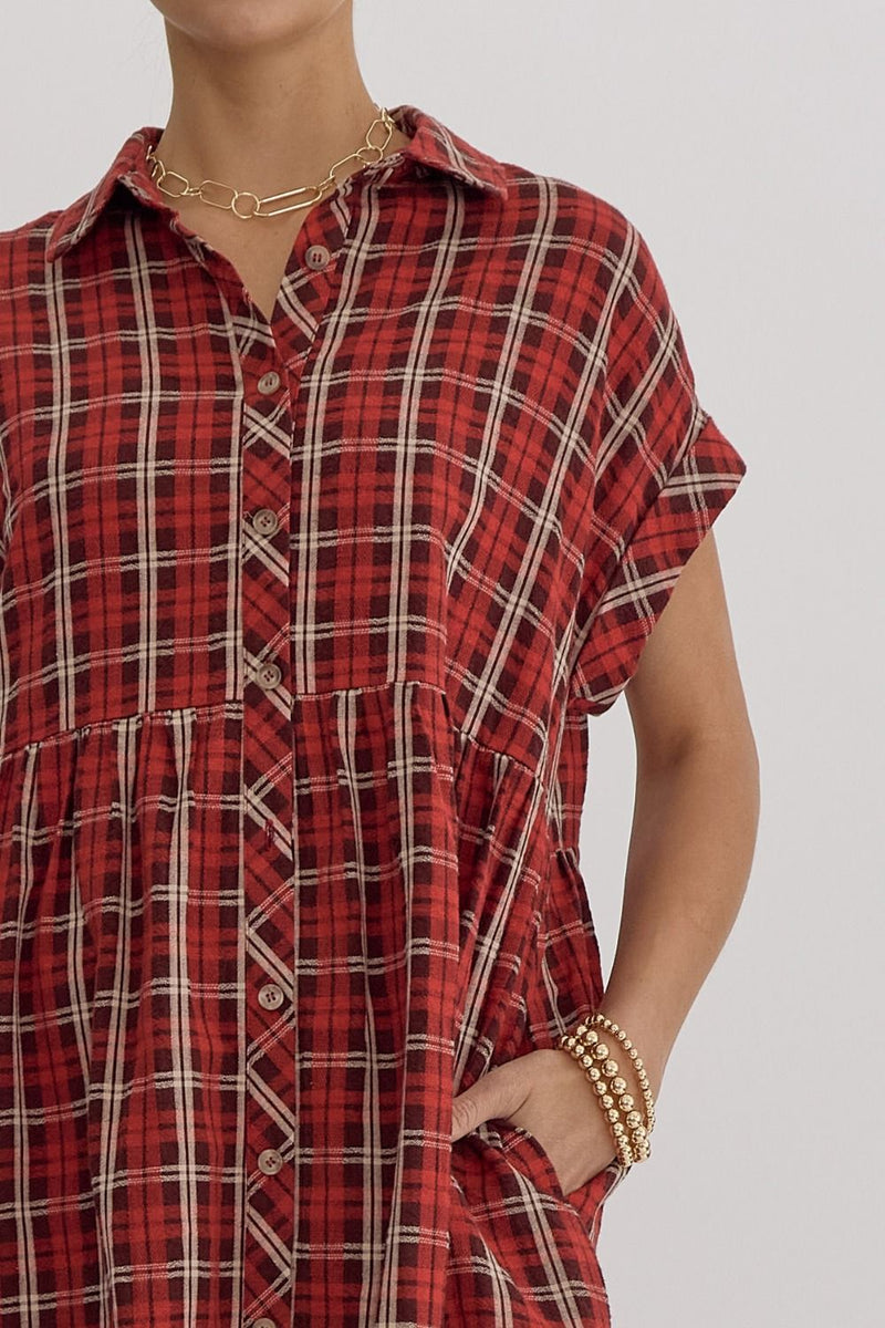 FINAL SALE Plaid Button Down Mini Dress - Red