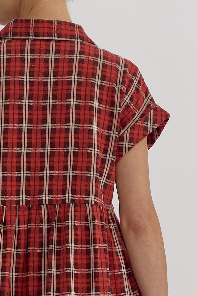 FINAL SALE Plaid Button Down Mini Dress - Red