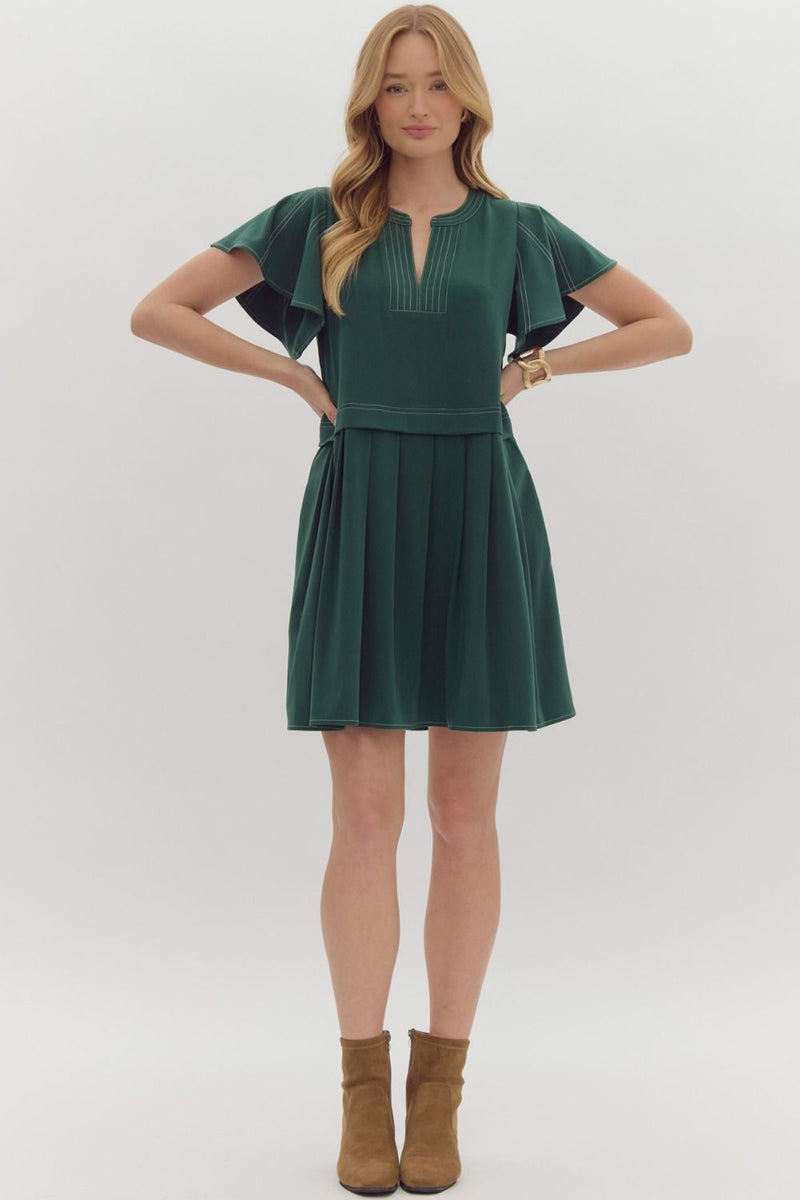 FINAL SALE Flutter Sleeve Mini Dress - Green