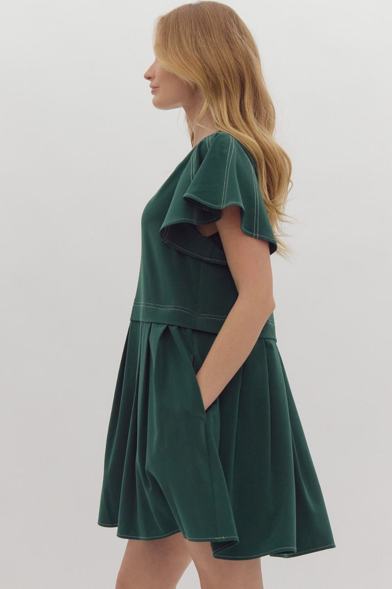 FINAL SALE Flutter Sleeve Mini Dress - Green