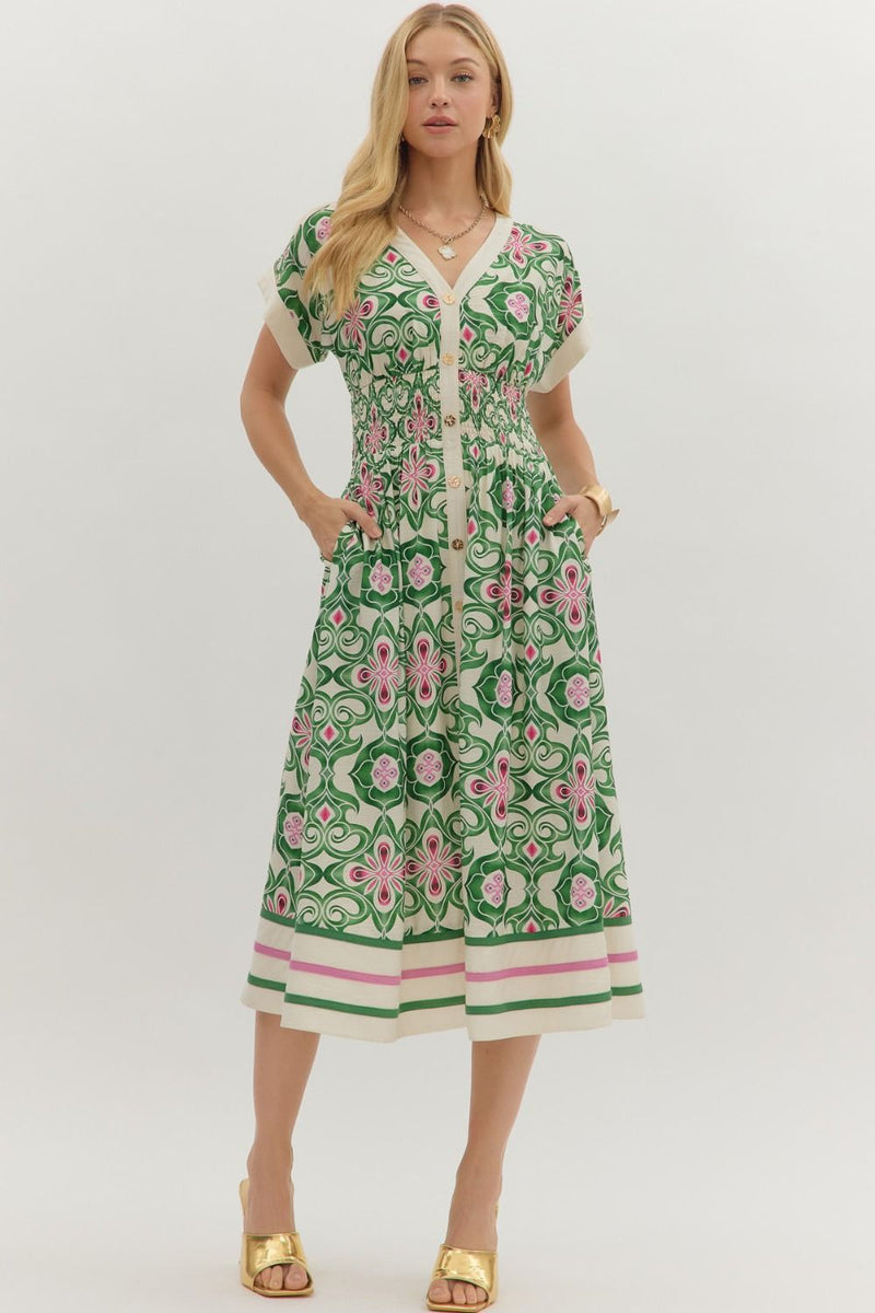 Botanical Print Midi Dress - Green