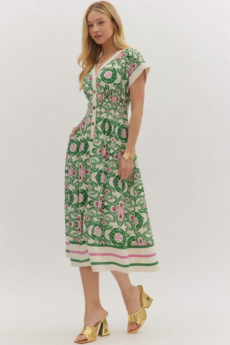 Botanical Print Midi Dress - Green