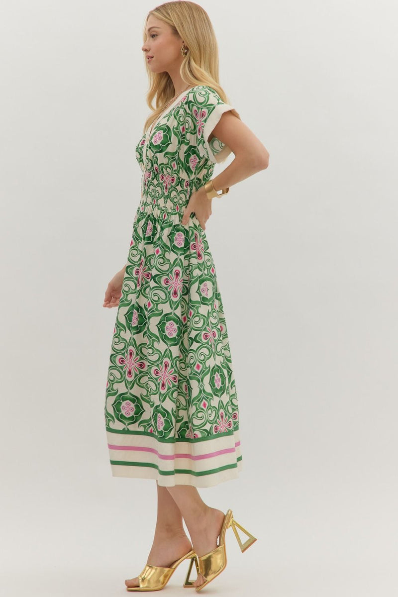Botanical Print Midi Dress - Green