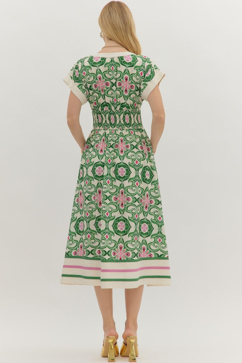 Botanical Print Midi Dress - Green