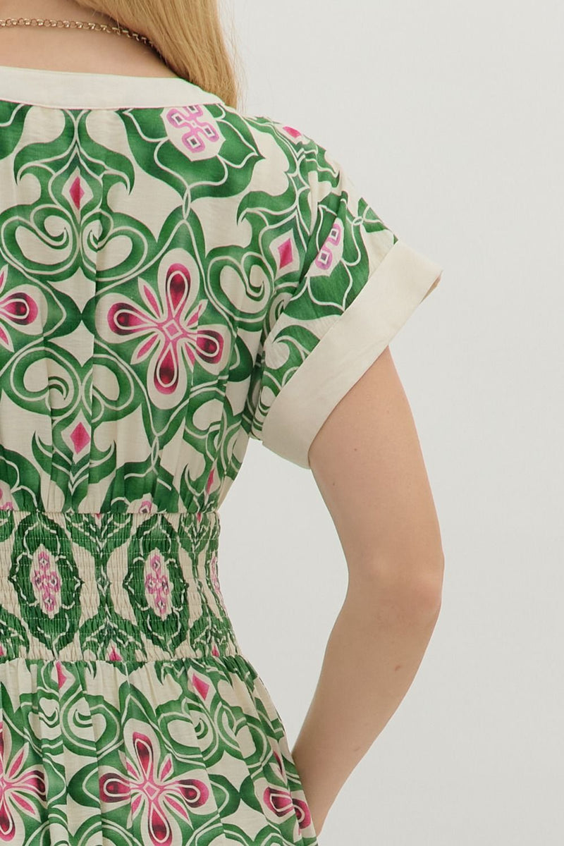 Botanical Print Midi Dress - Green