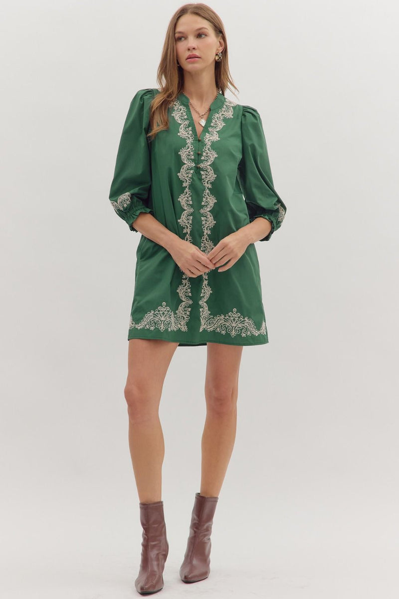 3/4 Sleeve Mini Dress With Embroidery - Hunter Green