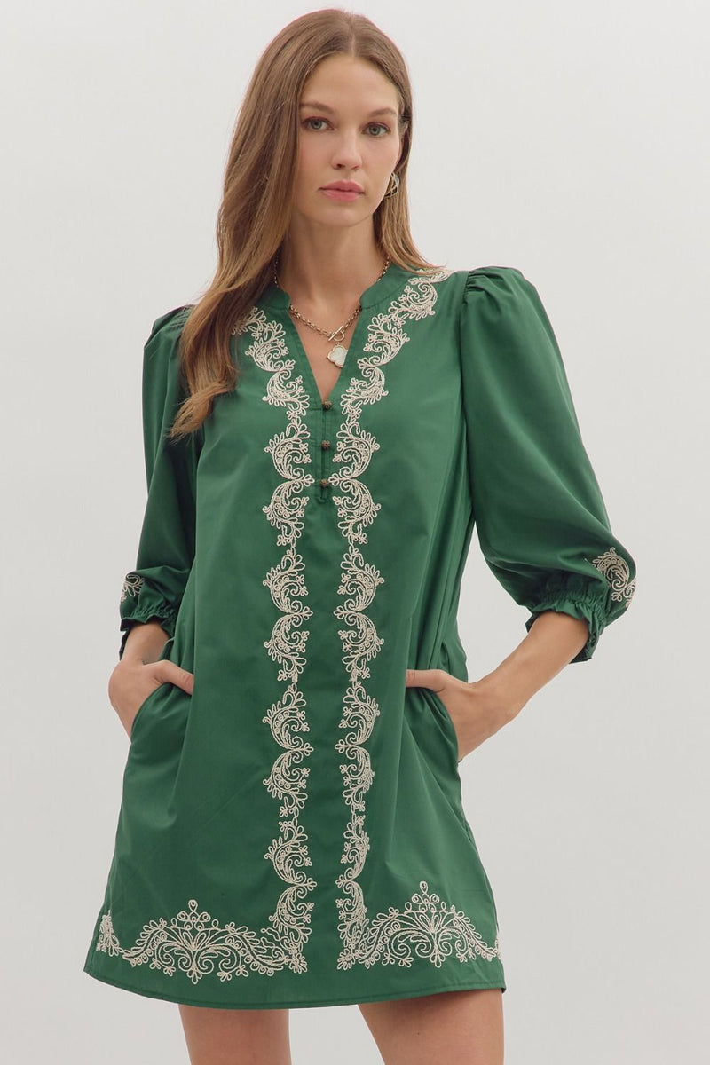 3/4 Sleeve Mini Dress With Embroidery - Hunter Green