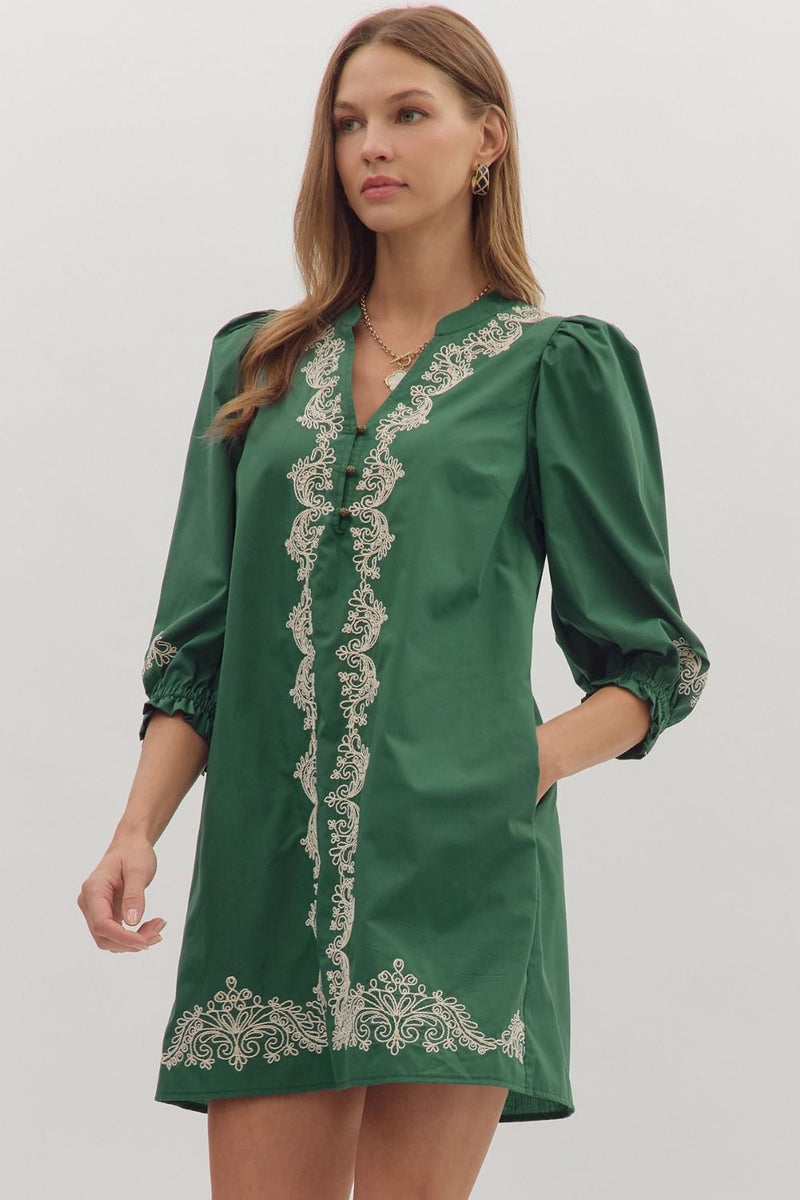 3/4 Sleeve Mini Dress With Embroidery - Hunter Green