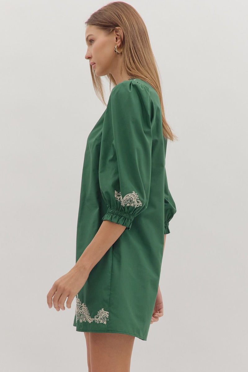 3/4 Sleeve Mini Dress With Embroidery - Hunter Green