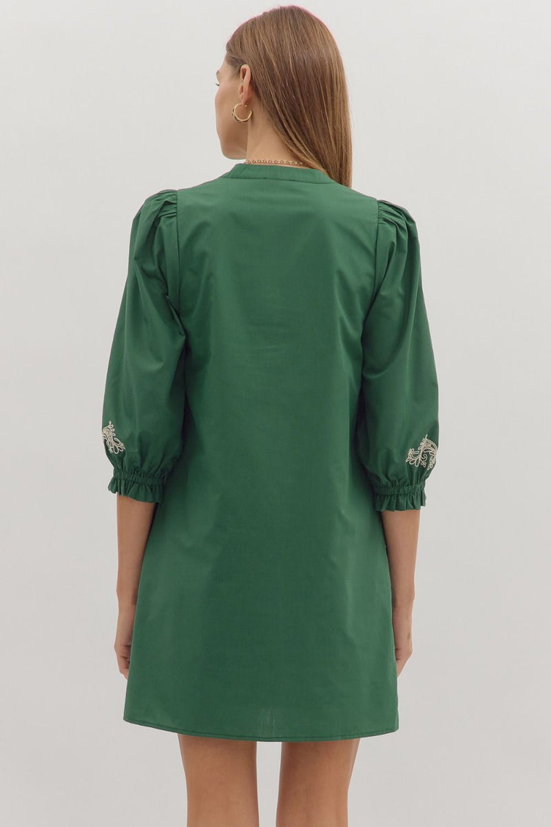 3/4 Sleeve Mini Dress With Embroidery - Hunter Green