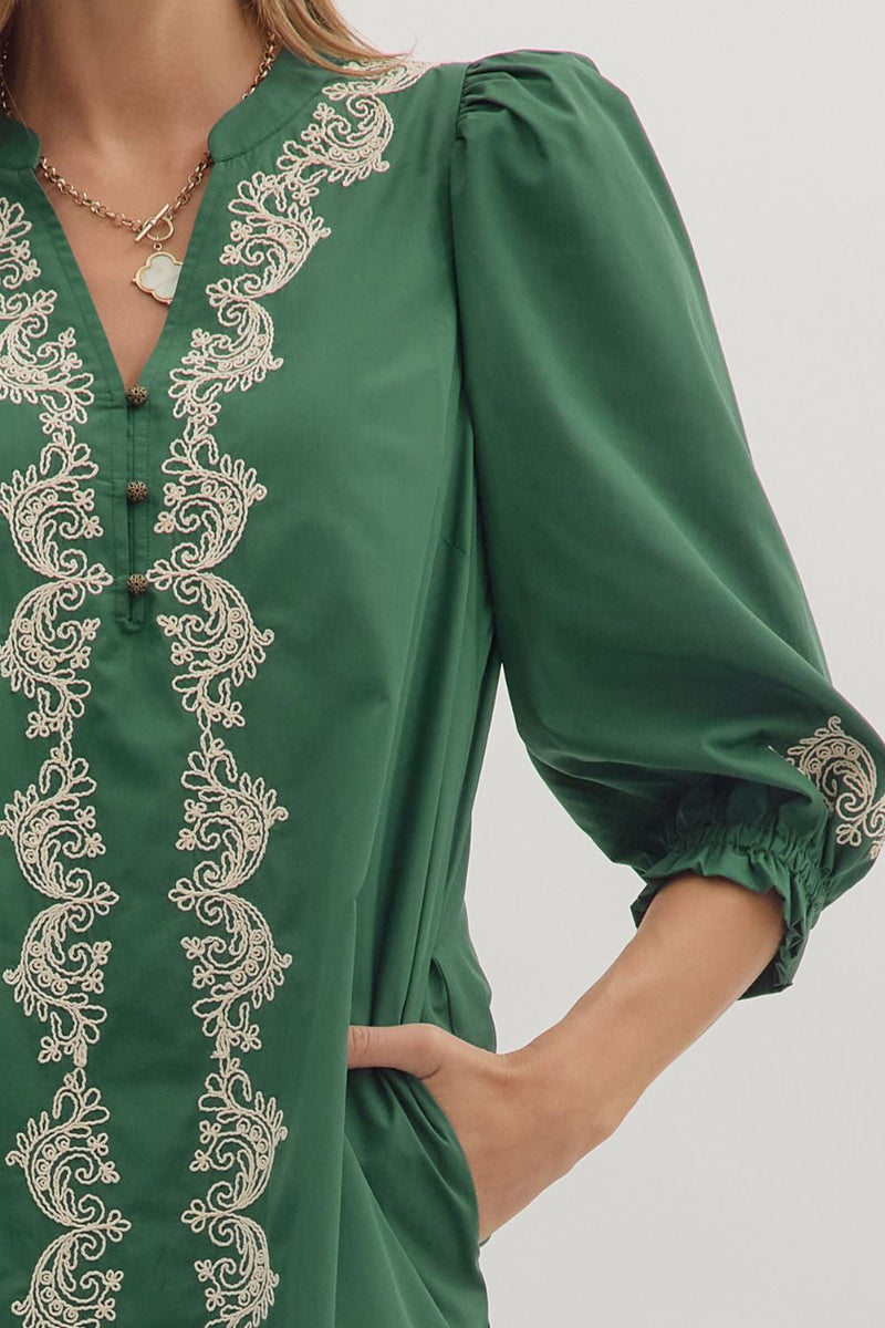 3/4 Sleeve Mini Dress With Embroidery - Hunter Green