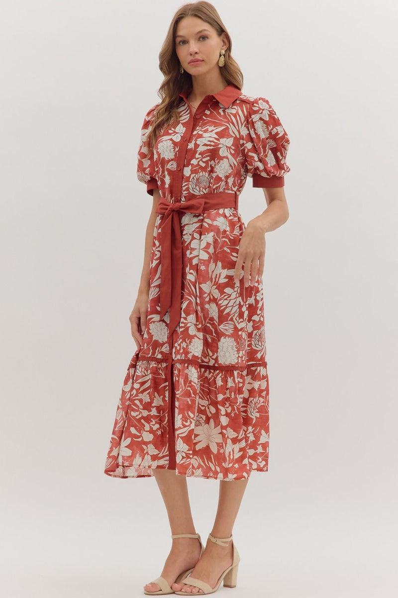 Floral print short puff sleeve tiered midi dress