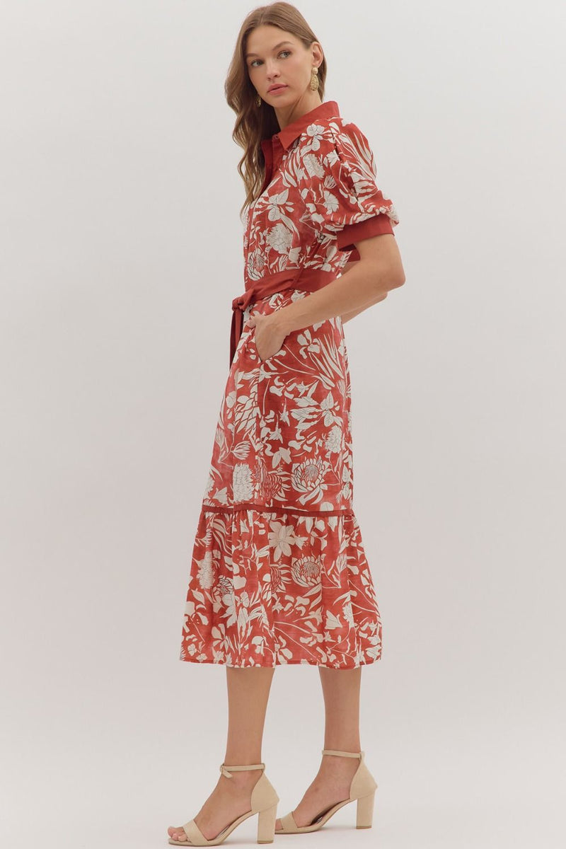 Floral print short puff sleeve tiered midi dress