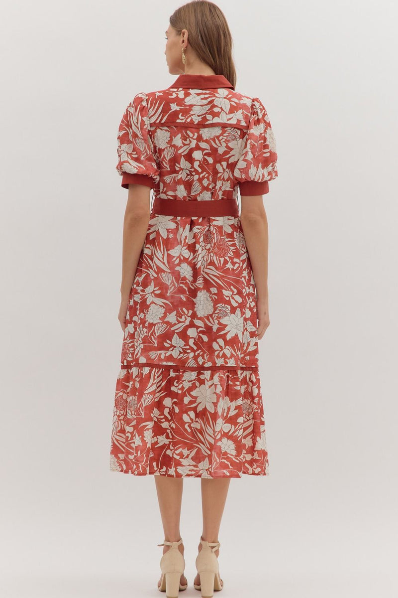 Floral print short puff sleeve tiered midi dress
