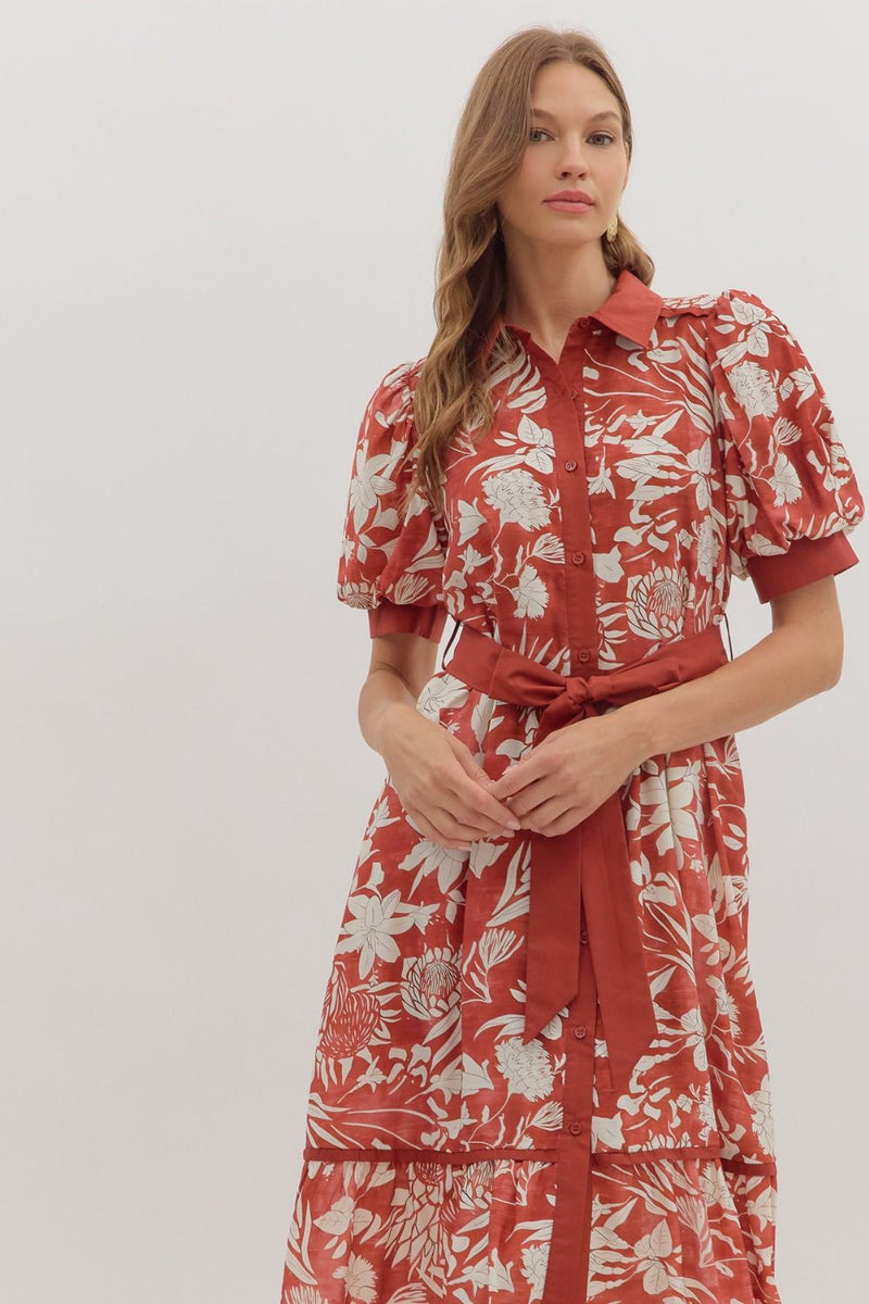 Floral print short puff sleeve tiered midi dress
