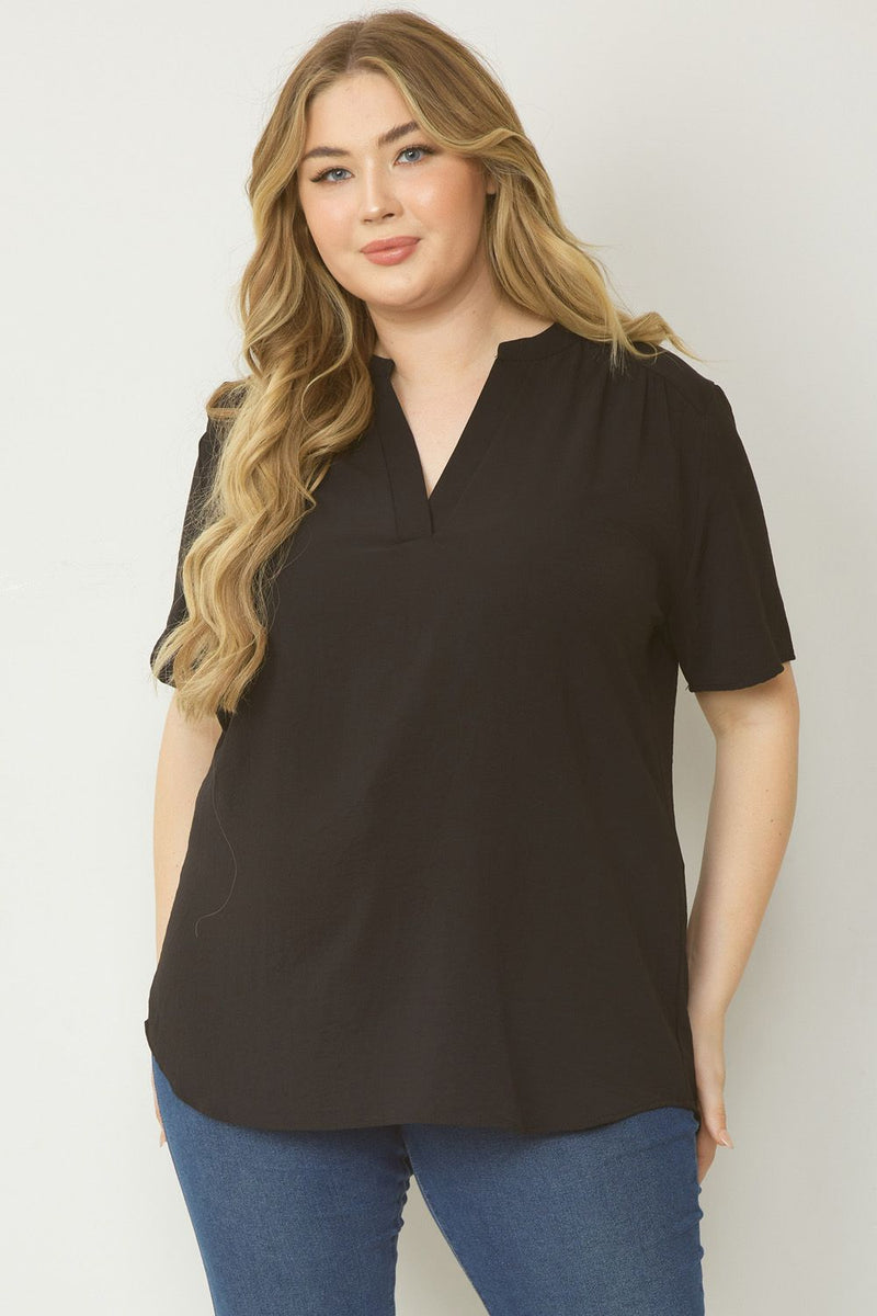 Solid V-Neck Short Sleeve Top - Black - Curvy