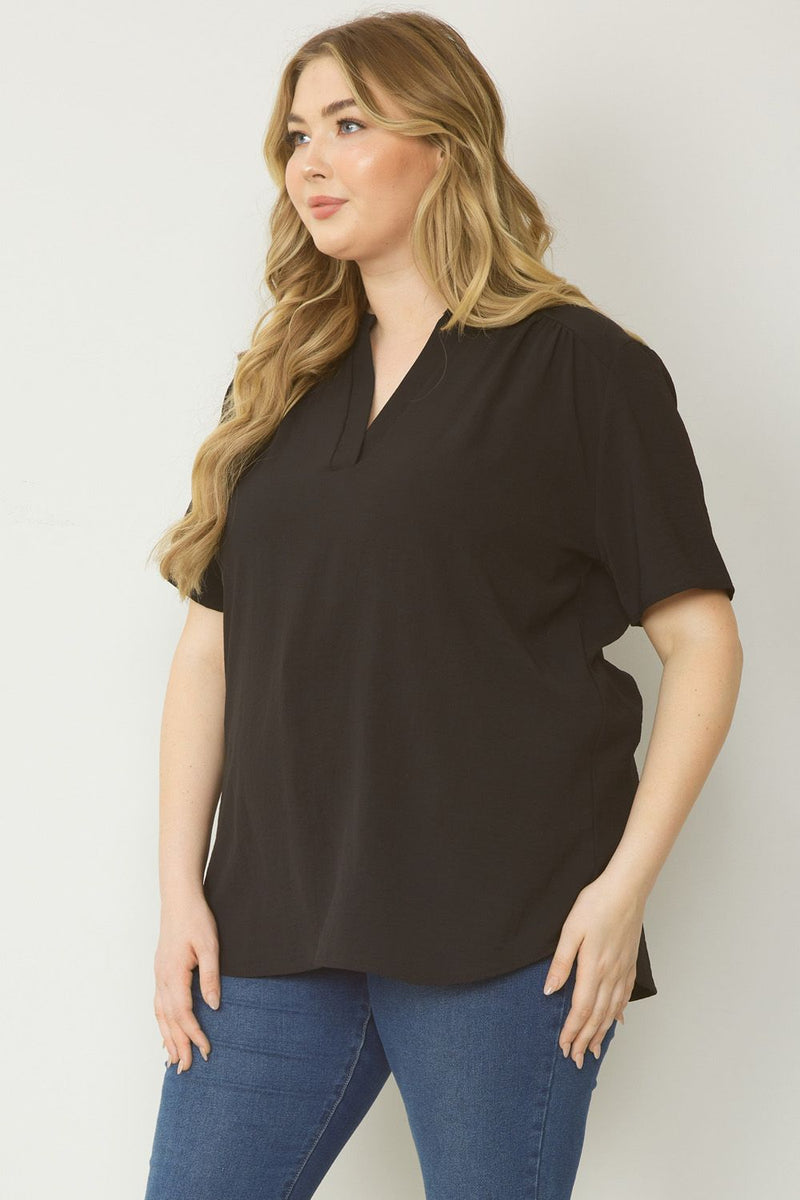 Solid V-Neck Short Sleeve Top - Black - Curvy