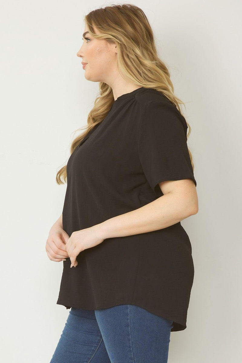 Solid V-Neck Short Sleeve Top - Black - Curvy