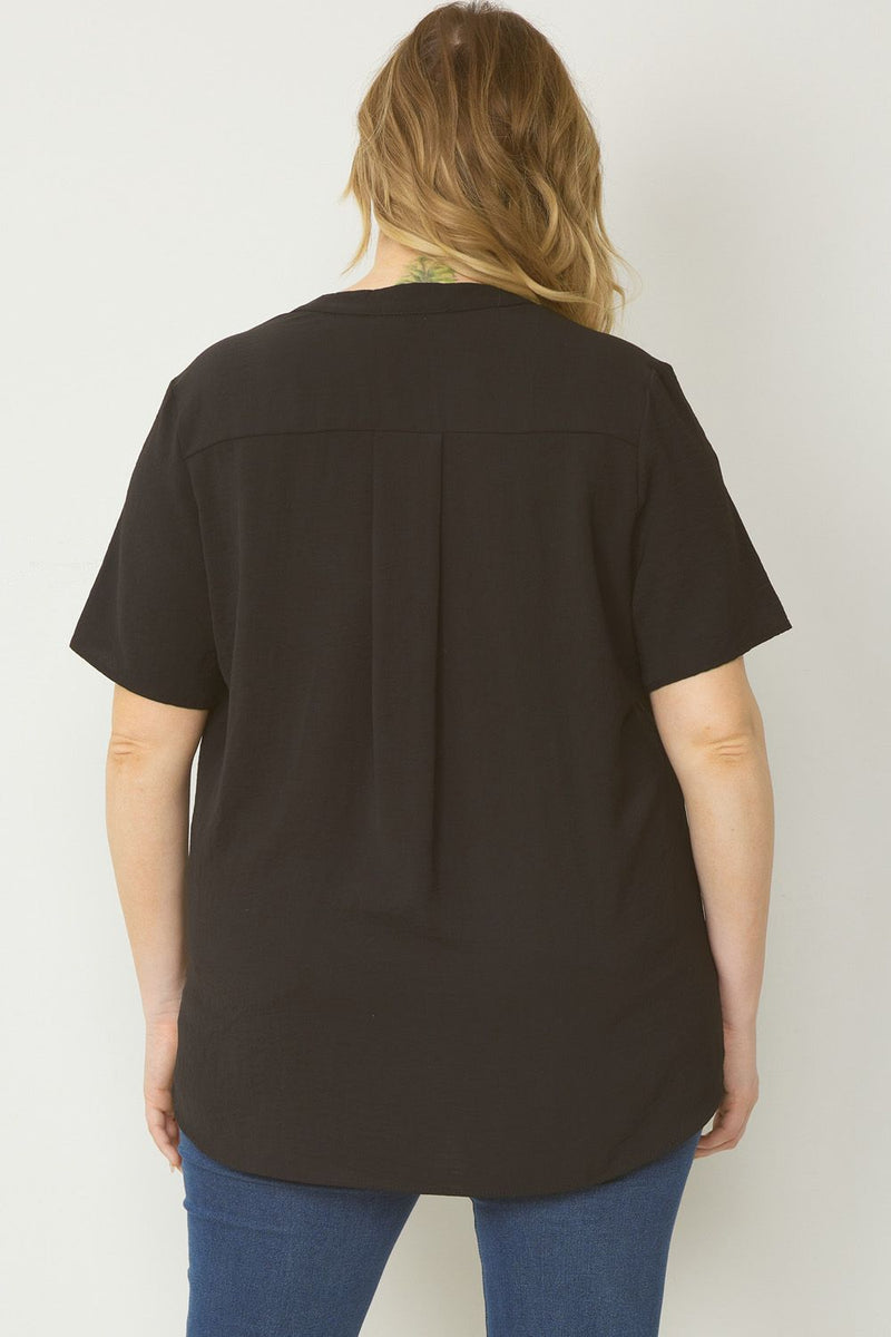 Solid V-Neck Short Sleeve Top - Black - Curvy