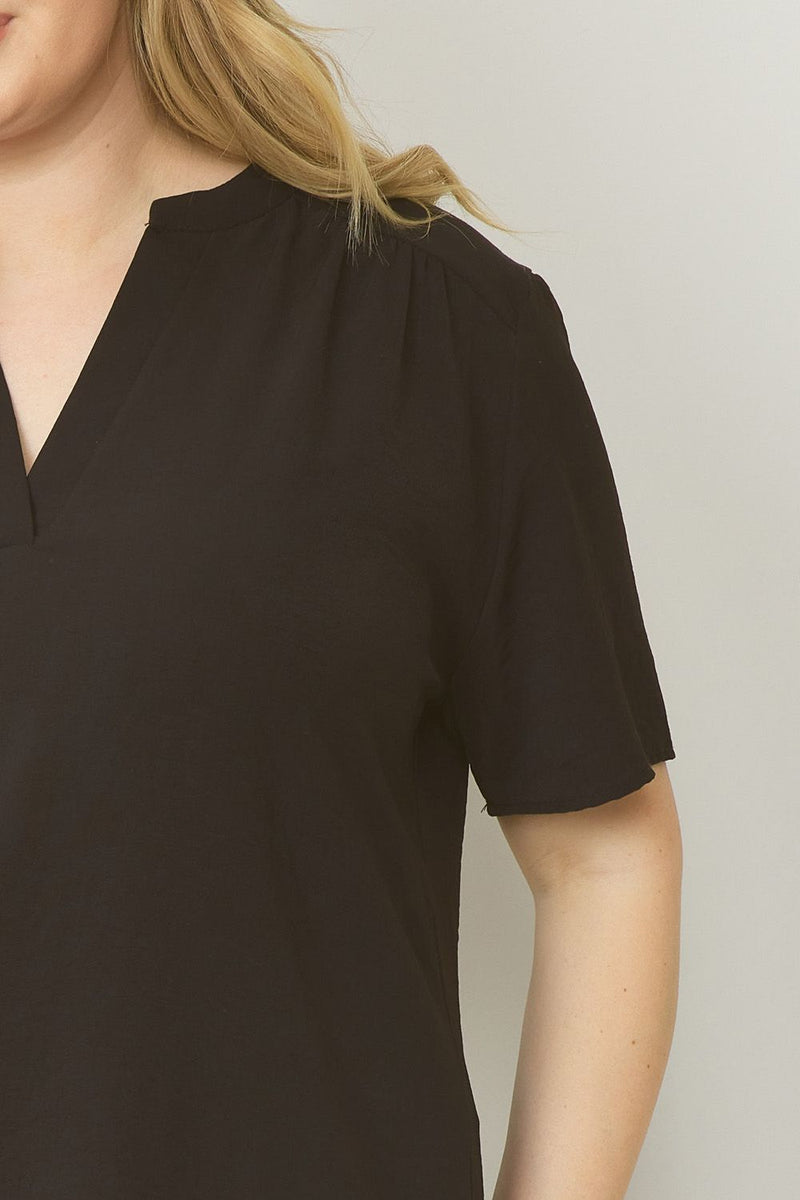 Solid V-Neck Short Sleeve Top - Black - Curvy