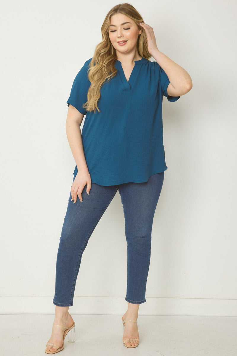 Solid V-Neck Short Sleeve Top - Teal - Curvy