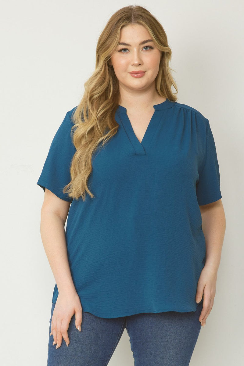 Solid V-Neck Short Sleeve Top - Teal - Curvy