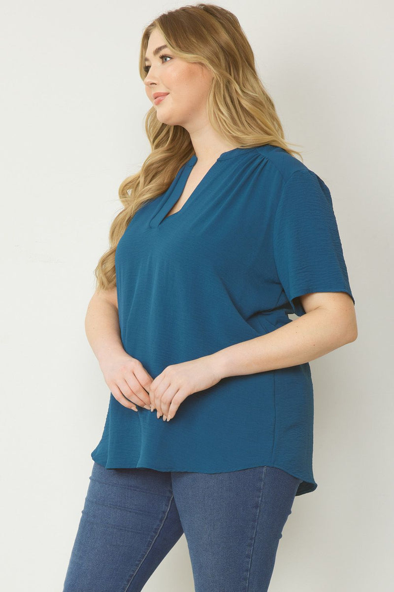 Solid V-Neck Short Sleeve Top - Teal - Curvy