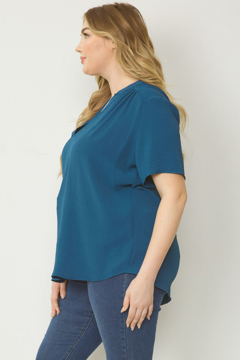 Solid V-Neck Short Sleeve Top - Teal - Curvy