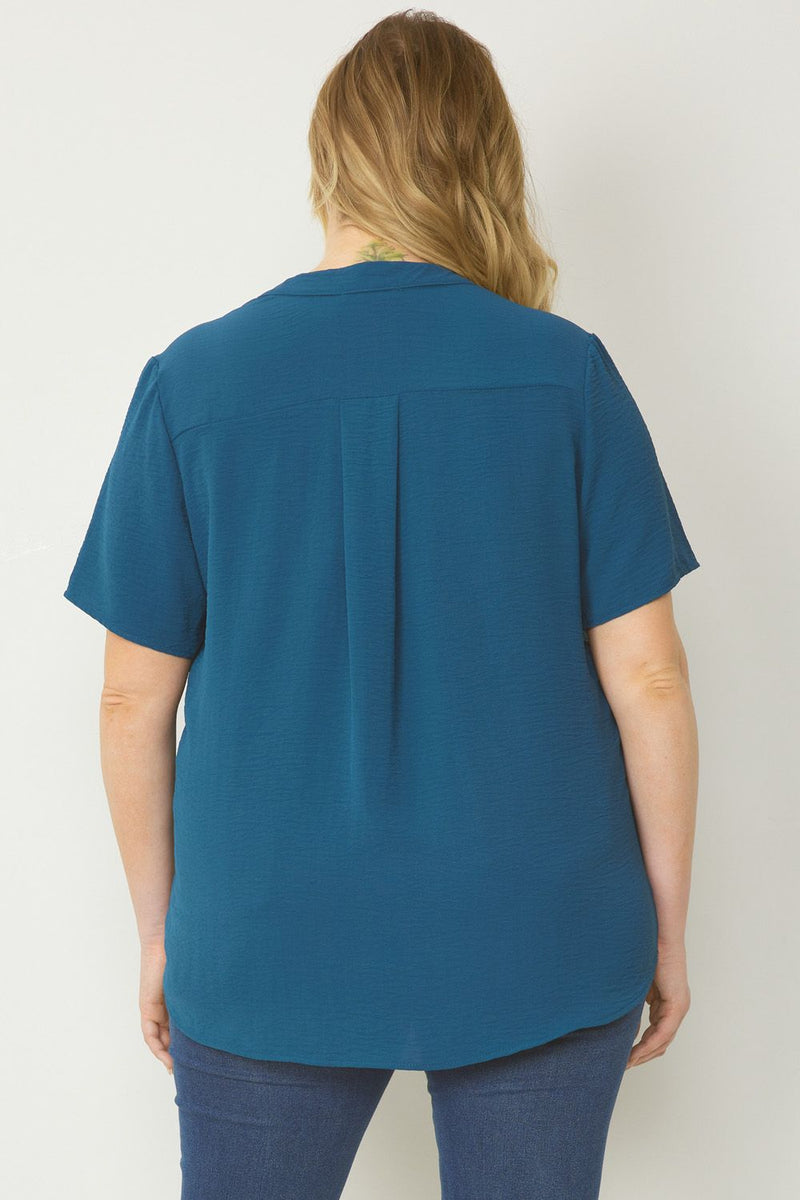 Solid V-Neck Short Sleeve Top - Teal - Curvy